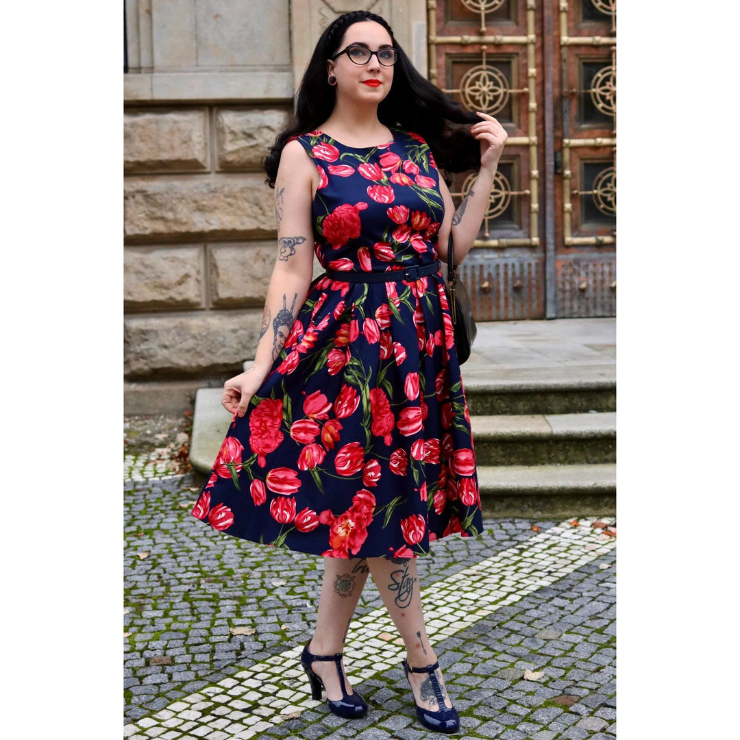 Navy Blue Pink Tulip Annie Swing Dress - Dolly & Dotty 1950s
