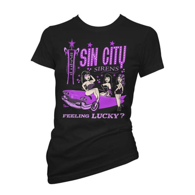 Image of 3 cartoon ladies posing around a cartoon Cadillac with writing under image saying feeling lucky?