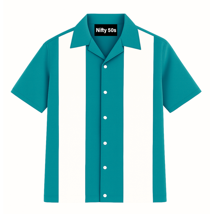 Teal White Bodgie Double Panel Bowling Shirt - Nifty50's Retro Men's
