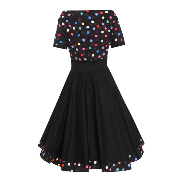 Back image of black dress with multicoloured polka dot dress 