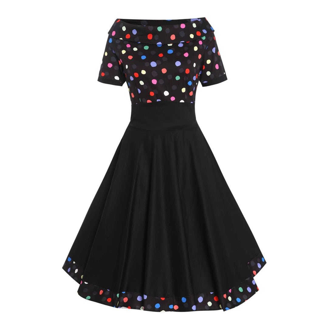 front image of black dress with multicoloured polka dot dress 