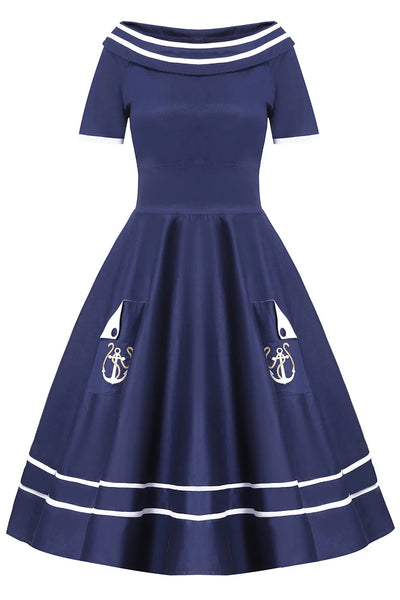 Darlene Navy Embroidered Anchor Nautical Dress - Dolly & Dotty