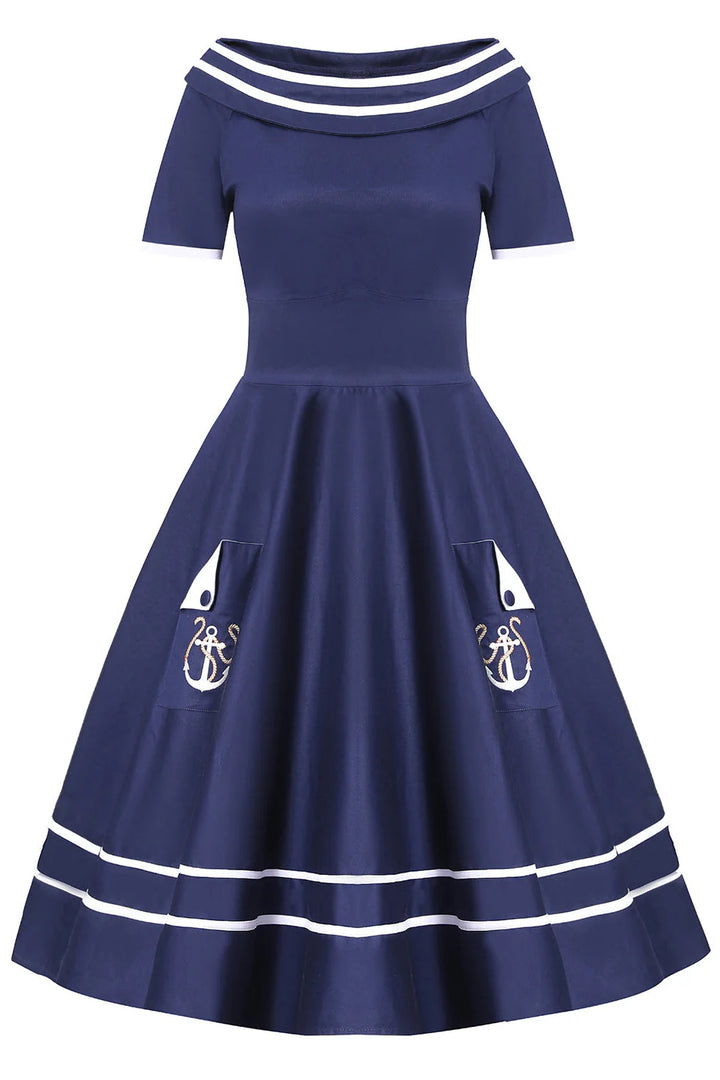 Darlene Navy Embroidered Anchor Nautical Dress - Dolly & Dotty