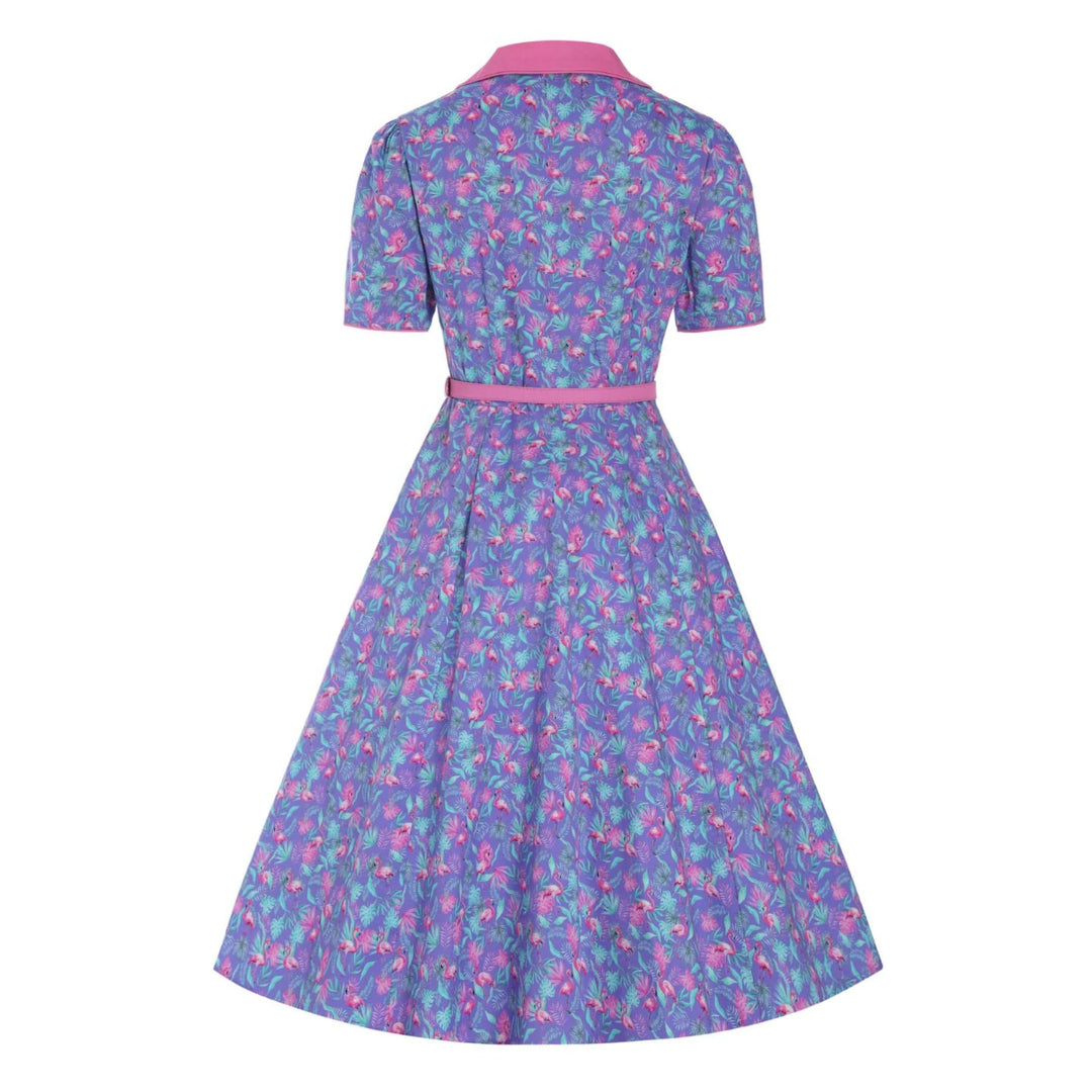 Back image of a purple dress with flamingo pattern and buttons down the middle of the boddice, pink collar and pink belt