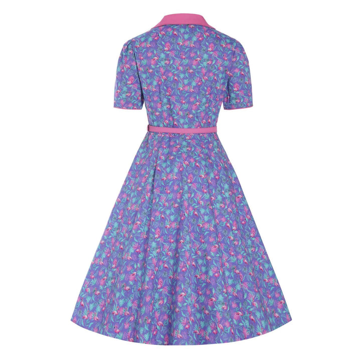 Back image of a purple dress with flamingo pattern and buttons down the middle of the boddice, pink collar and pink belt