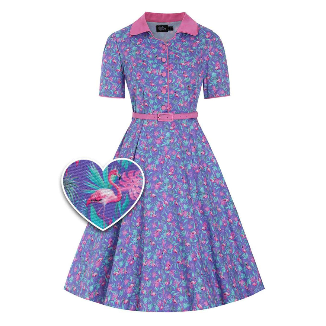 Front image of a purple dress with flamingo pattern and buttons down the middle of the boddice, pink collar and pink belt