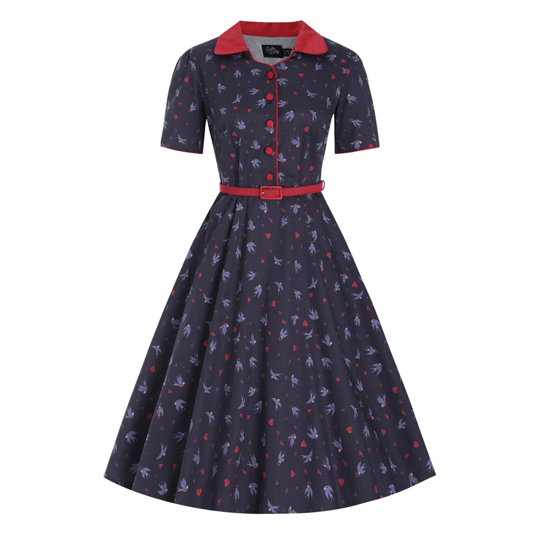 Navy Blue Swallow Penelope Diner Dress - Dolly & Dotty 1950s