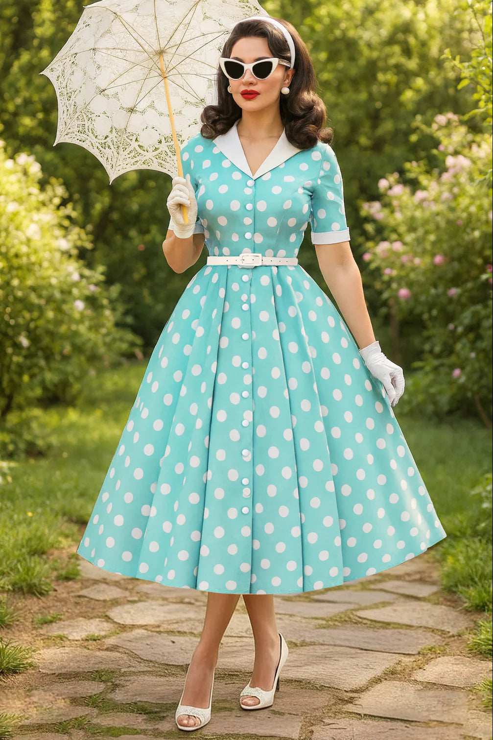 Woman in a vintage-style polka dot dress holding an umbrella in a garden setting