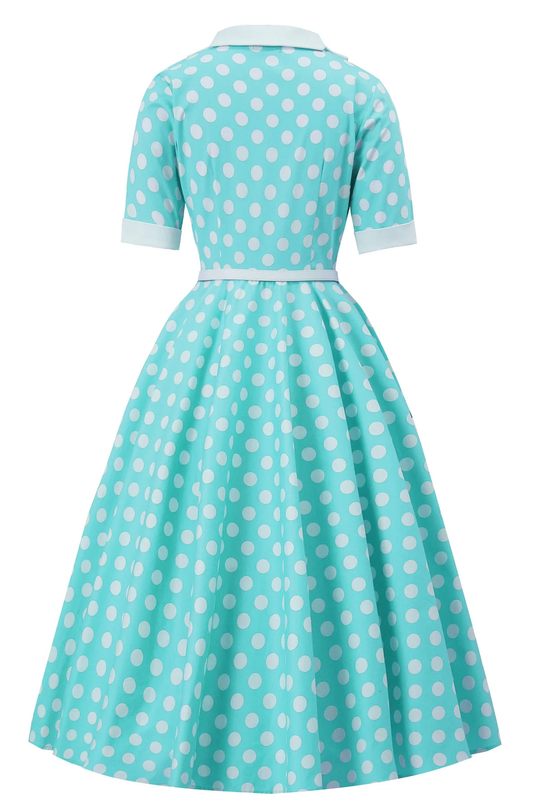 Back view of Teal dress with white polka dots on a white background