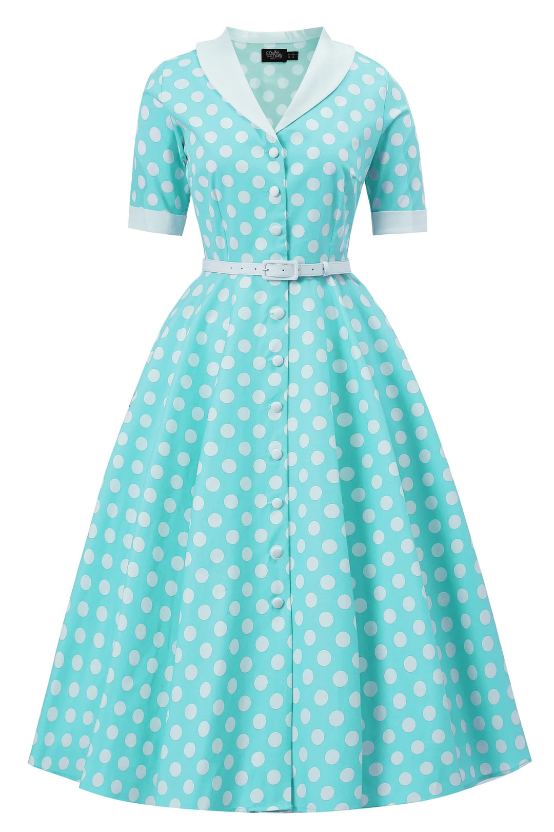 front view of Turquoise dress with white polka dots on a white background