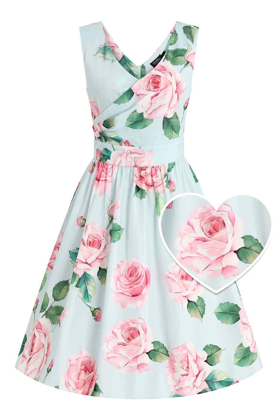 Floral dress with pink roses on a light blue background