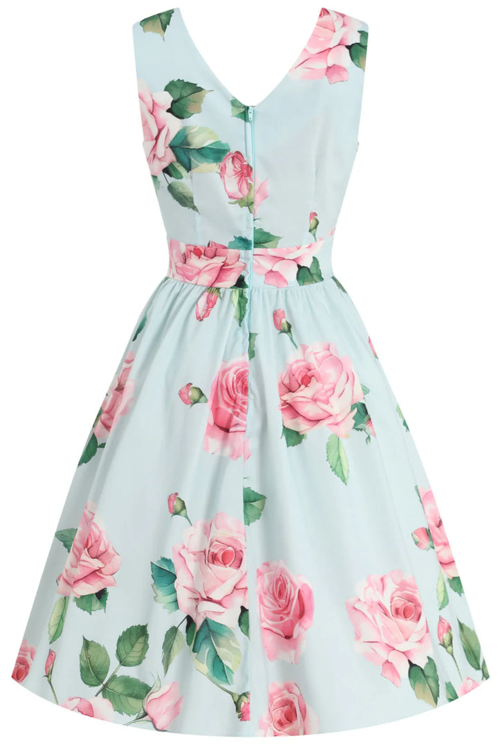 Floral dress with pink roses on a light blue background