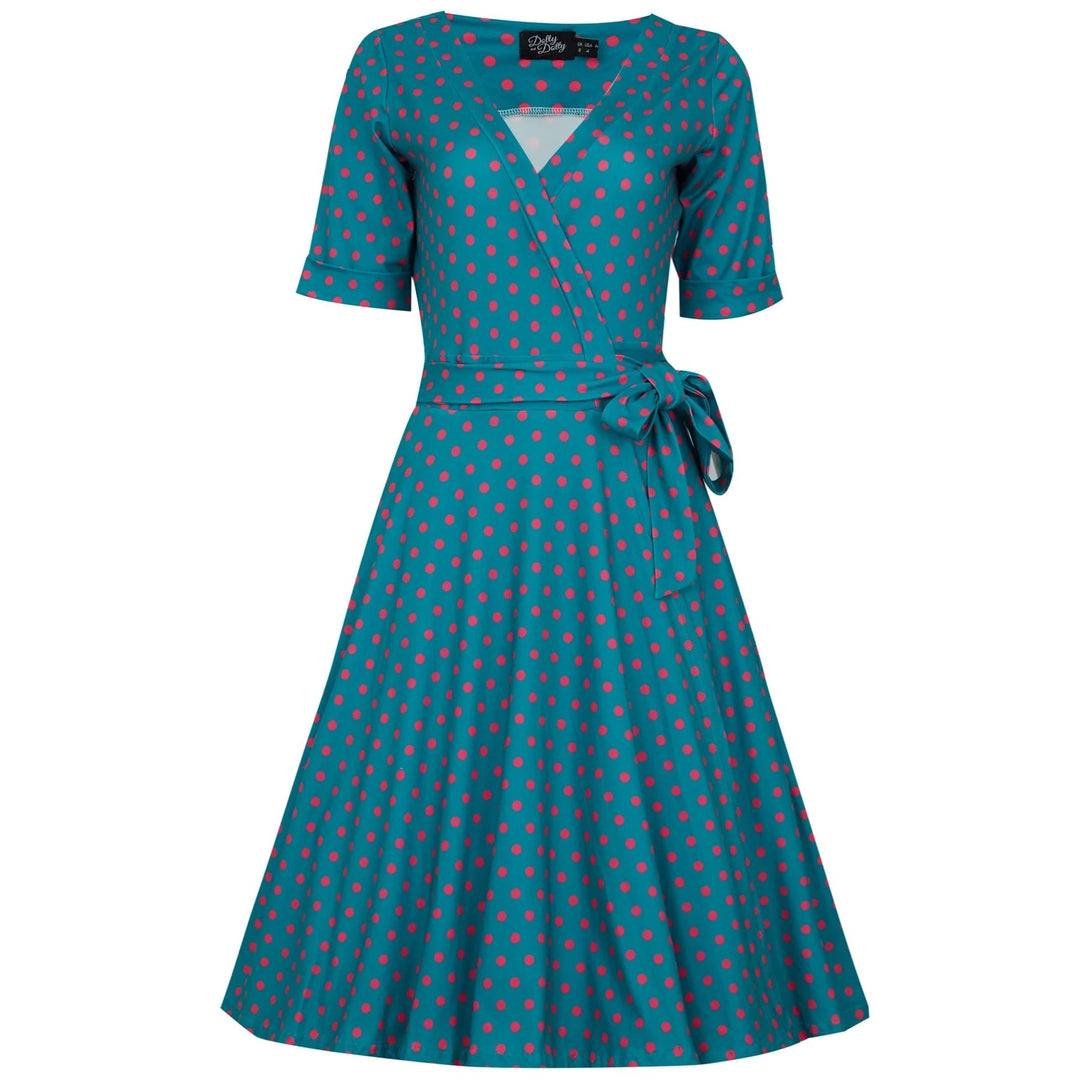 Peacock Blue Pink Polka Dot Matilda Wrap Dress - Dolly & Dotty