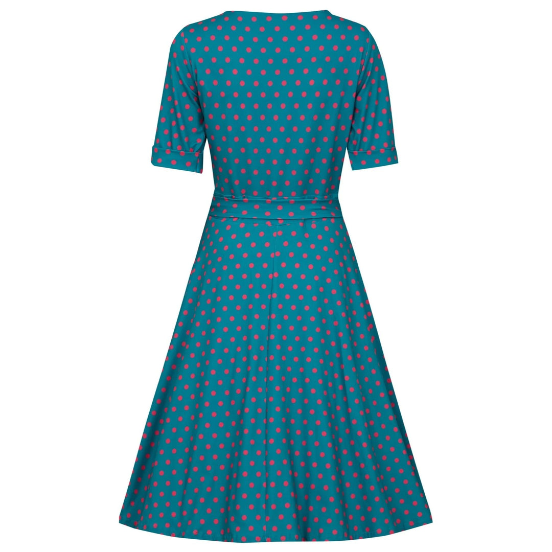 Peacock Blue Pink Polka Dot Matilda Wrap Dress - Dolly & Dotty