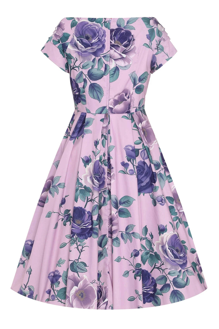 Back image of Purple floral dress with blue roses on a white background