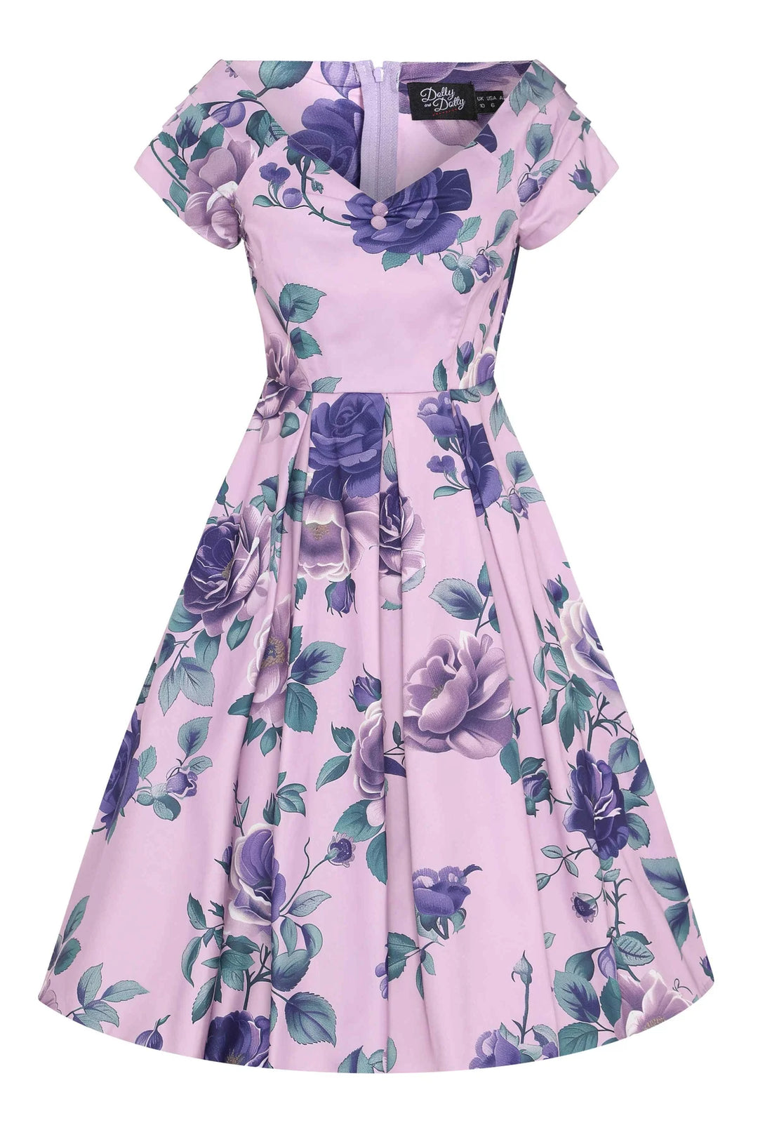 Front image of Floral dress with purple and green flowers on a light pink background