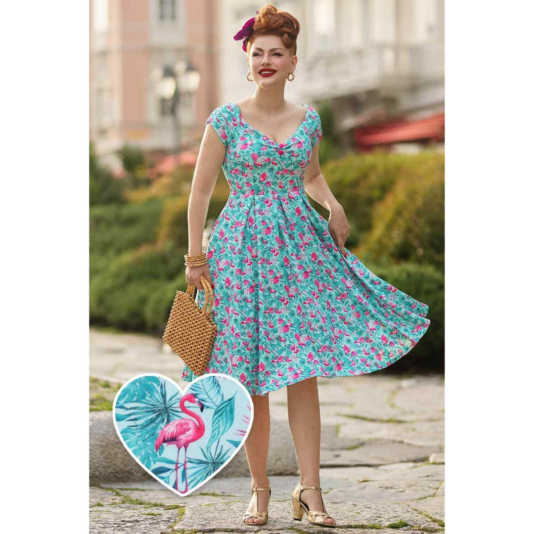 Mint Flamingo Lily Off Shoulder Dress - Dolly & Dotty Vintage