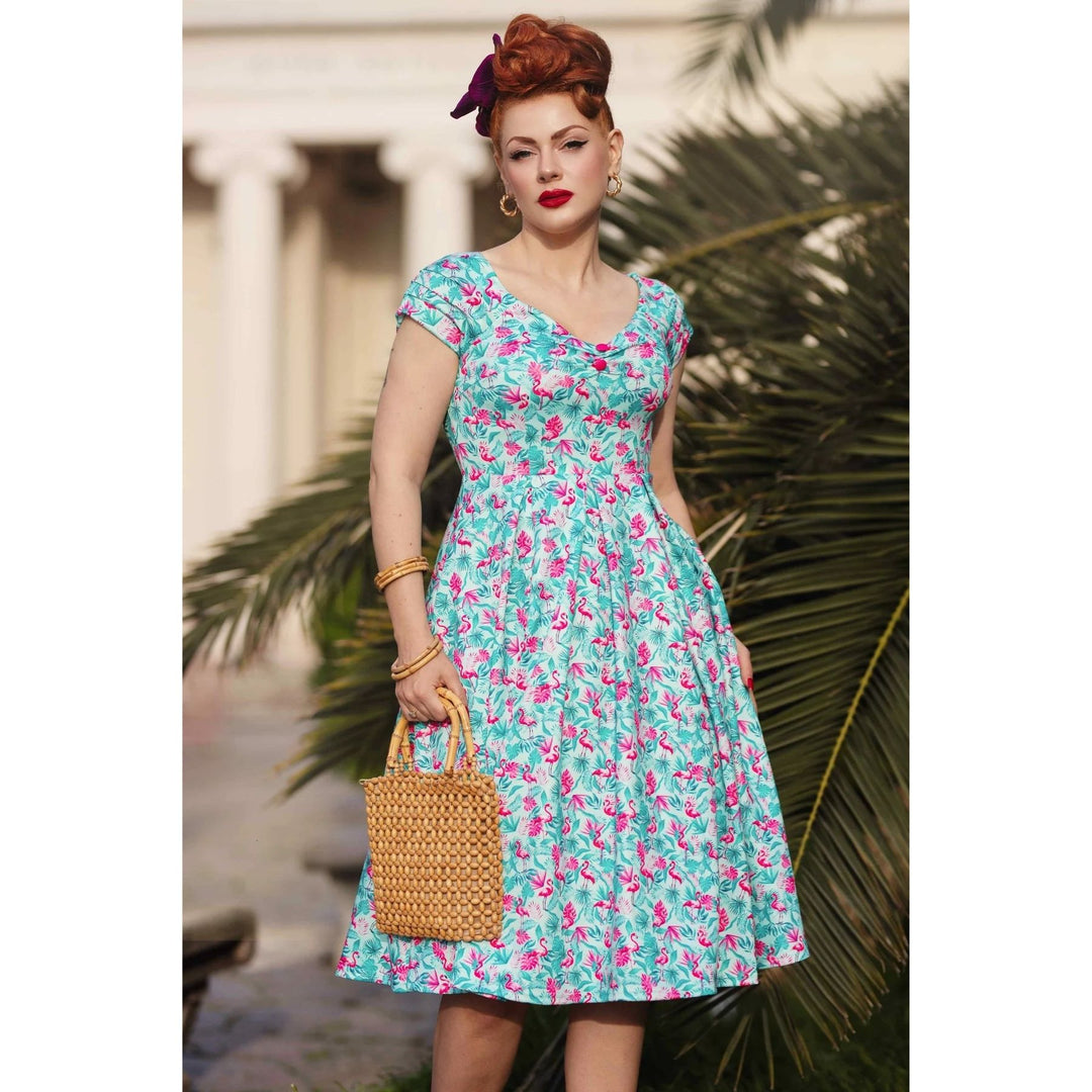 Mint Flamingo Lily Off Shoulder Dress - Dolly & Dotty Vintage