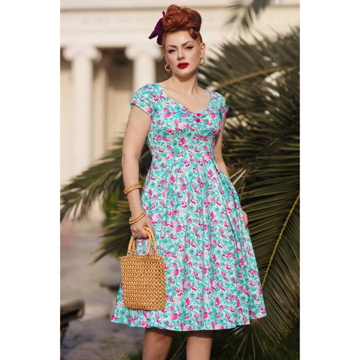 Mint Flamingo Lily Off Shoulder Dress - Dolly & Dotty Vintage
