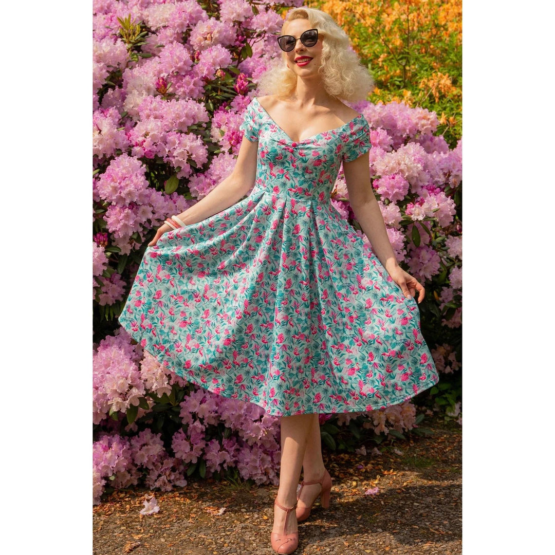 Mint Flamingo Lily Off Shoulder Dress - Dolly & Dotty Vintage