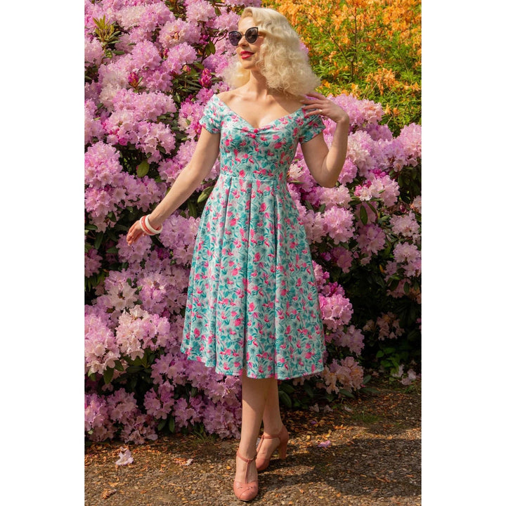 Mint Flamingo Lily Off Shoulder Dress - Dolly & Dotty Vintage