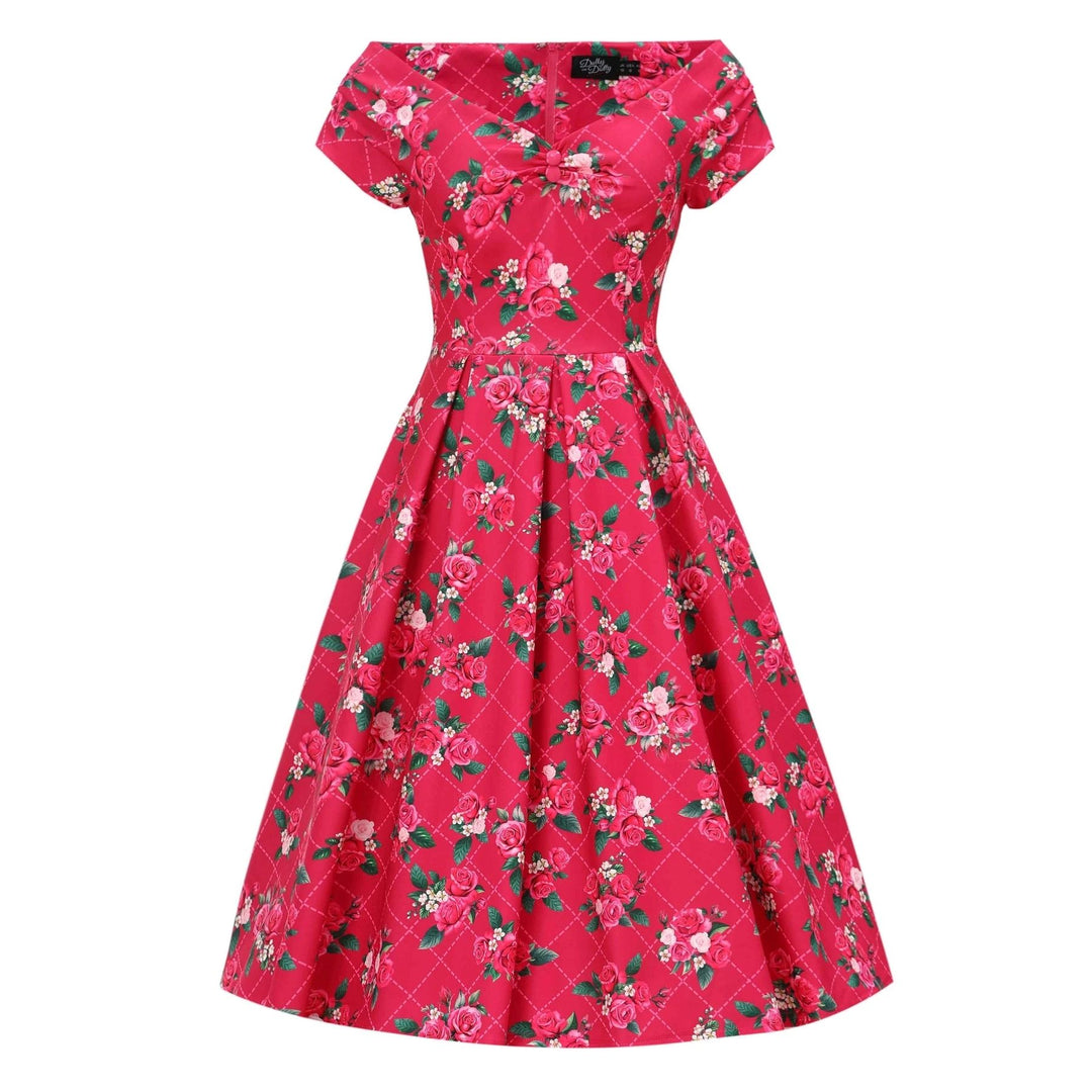 Pink Floral Vine Lily Off Shoulder Dress - Dolly & Dotty Midi