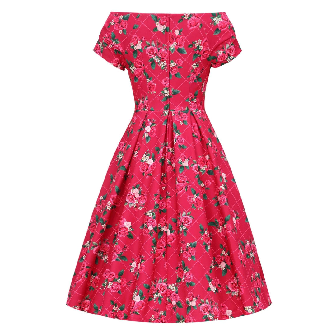 Pink Floral Vine Lily Off Shoulder Dress - Dolly & Dotty Midi