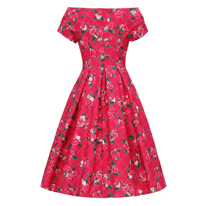 Pink Floral Vine Lily Off Shoulder Dress - Dolly & Dotty Midi