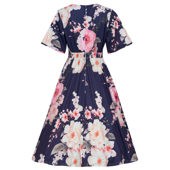 Back image of a navy blue dress with pink and light yellow floral pattern