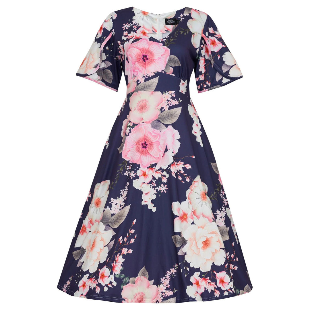Front image of a navy blue dress with pink and light yellow floral pattern