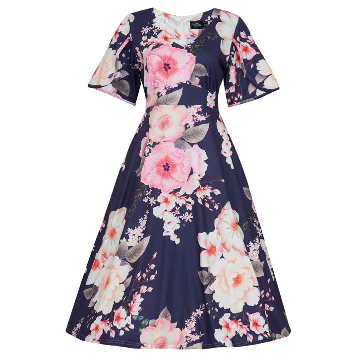 Front image of a navy blue dress with pink and light yellow floral pattern
