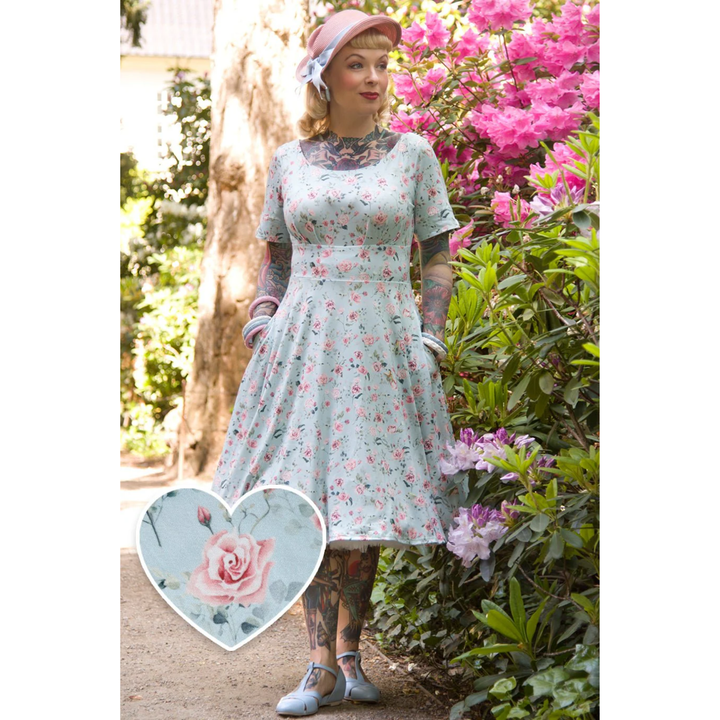 Baby Blue Pink Rose Brenda Flared Dress - Dolly & Dotty Vintage Size 18 only