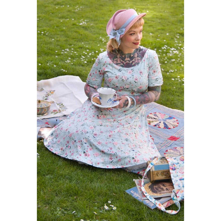 Baby Blue Pink Rose Brenda Flared Dress - Dolly & Dotty Vintage Size 18 only