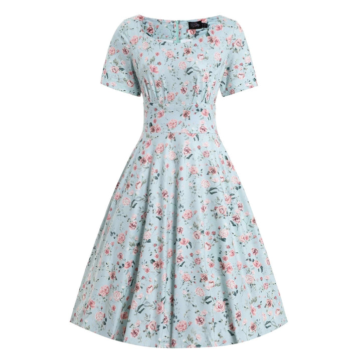 Baby Blue Pink Rose Brenda Flared Dress - Dolly & Dotty Vintage Size 18 only