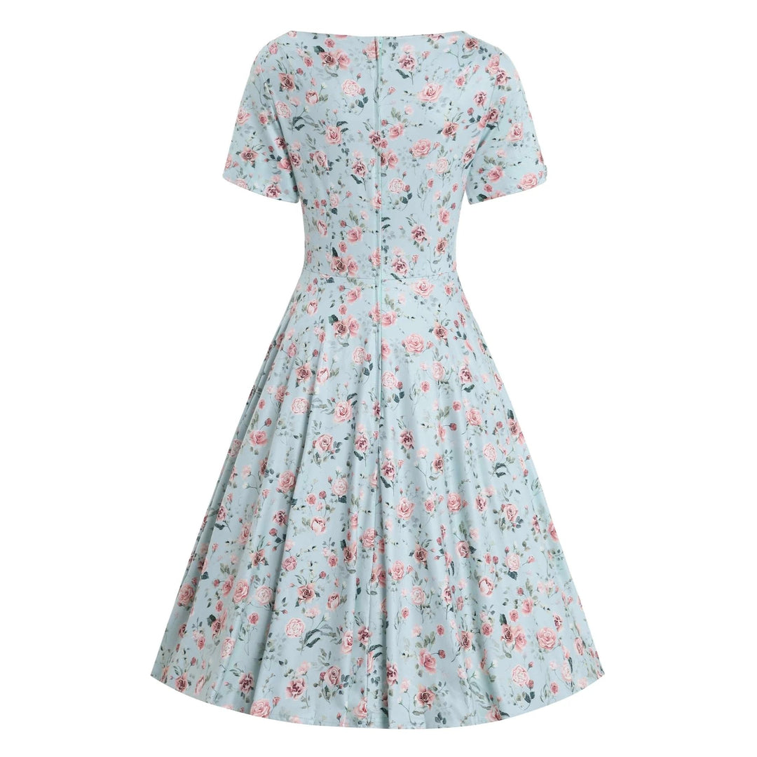 Baby Blue Pink Rose Brenda Flared Dress - Dolly & Dotty Vintage Size 18 only