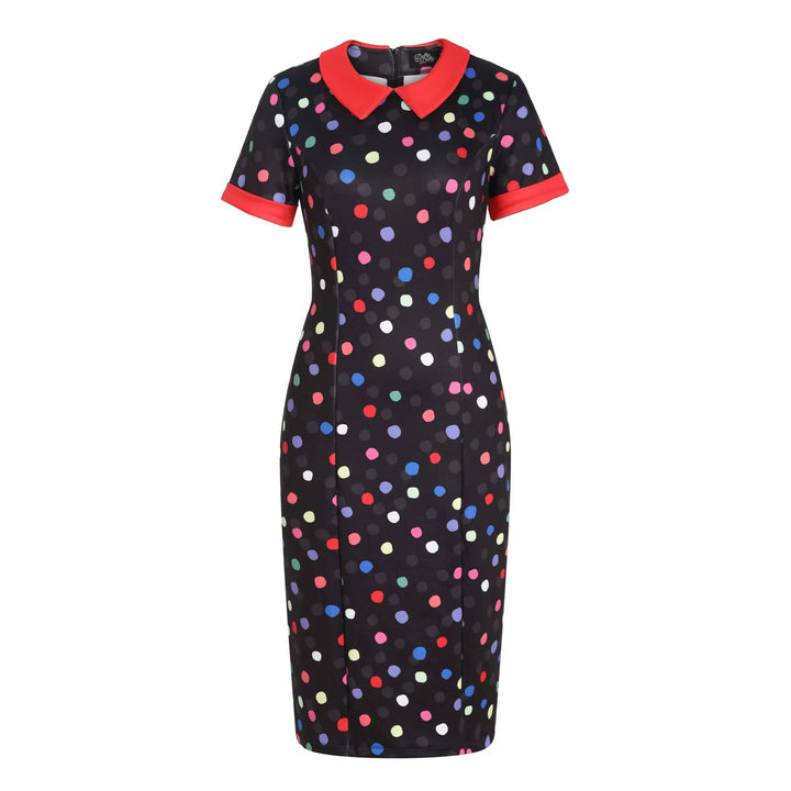 Front image of a fitted black dress with multi coloured polka dots and red collare and cuff of sleeves