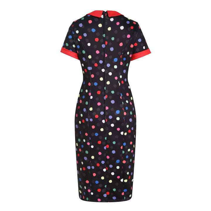 Front image of a fitted black dress with multi coloured polka dots and red collare and cuff of sleeves