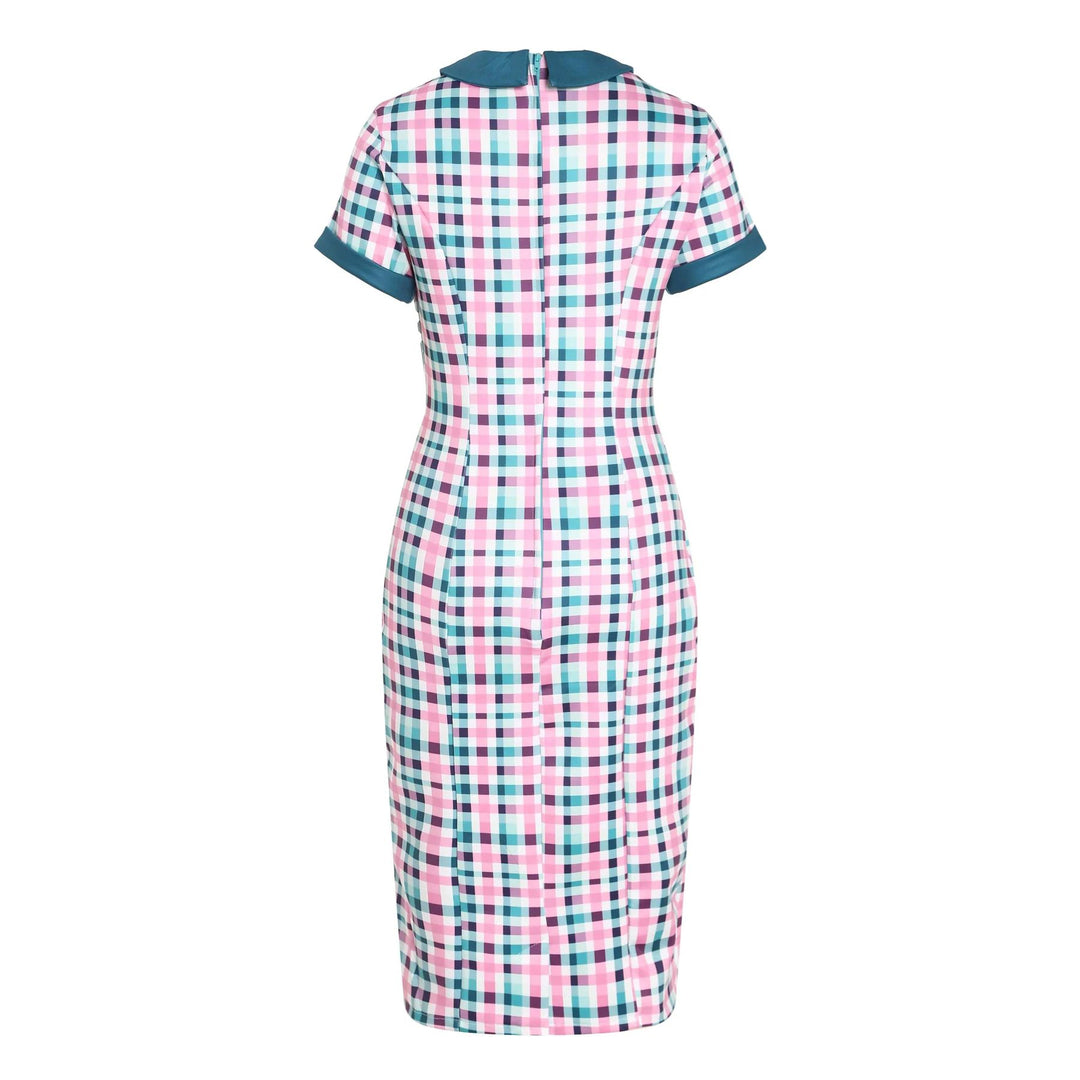 Back image of a fitted pink, green and white gingham dress 