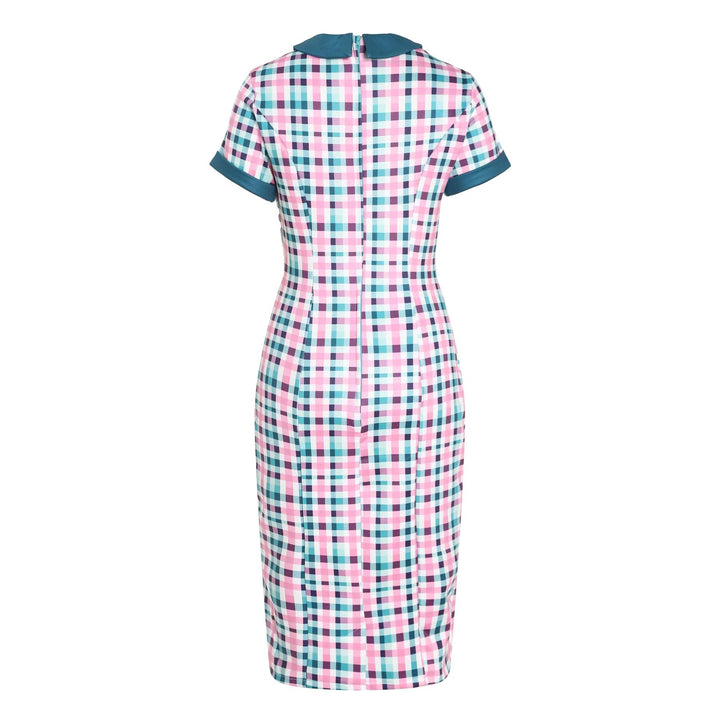 Back image of a fitted pink, green and white gingham dress 