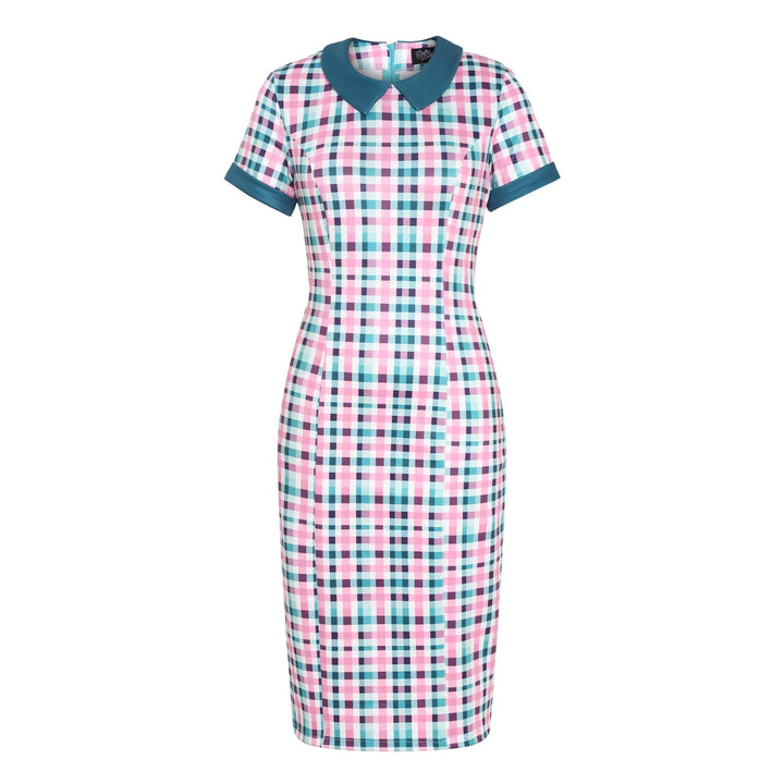 Front image of a fitted pink, green and white gingham dress 