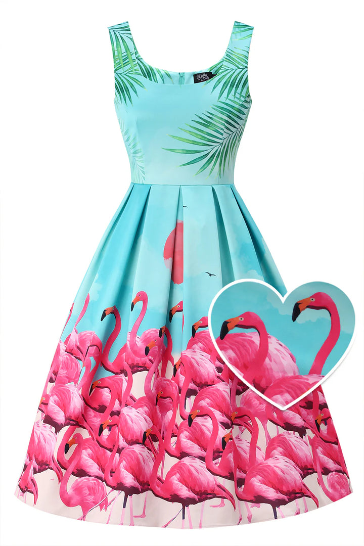 Turquoise dress with pink flamingo pattern on a white background