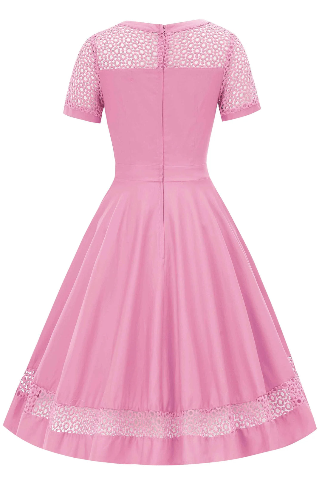 Back view of Pink dress with lace details on a white background