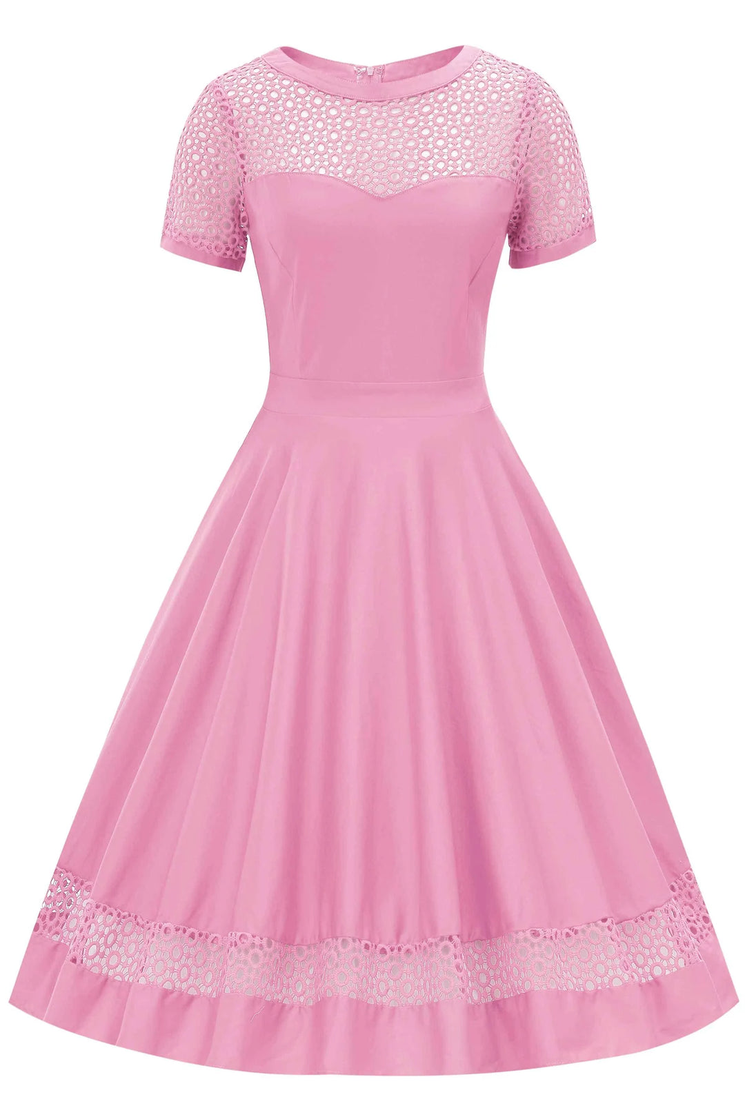 Front view of Pink dress with lace details on a white background