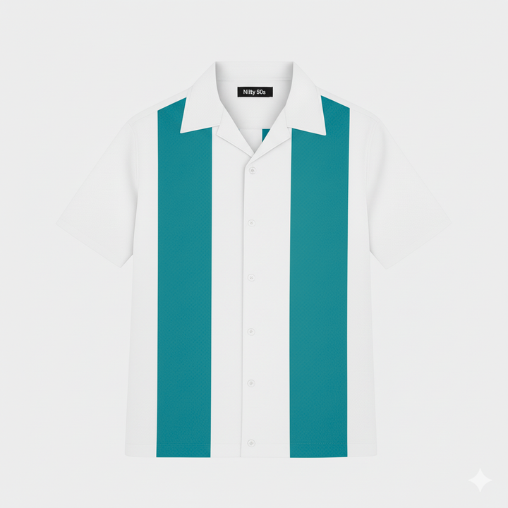 White Teal Bodgie Bowling Shirt - Nifty50's Retro Men's