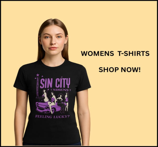 Woman wearing a black t-shirt with 'Sin City Sirens' design on a beige background