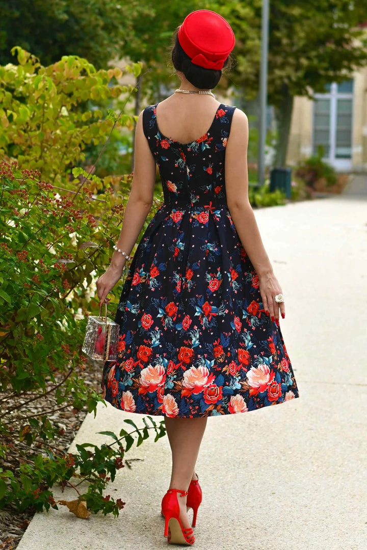 Black Tapestry Floral Amanda Dress - Dolly & Dotty Women's Vintage Swing