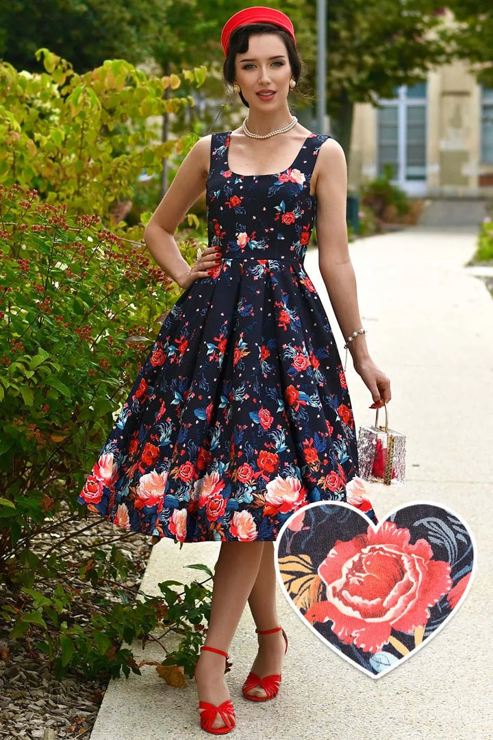 Black Tapestry Floral Amanda Dress - Dolly & Dotty Women's Vintage Swing