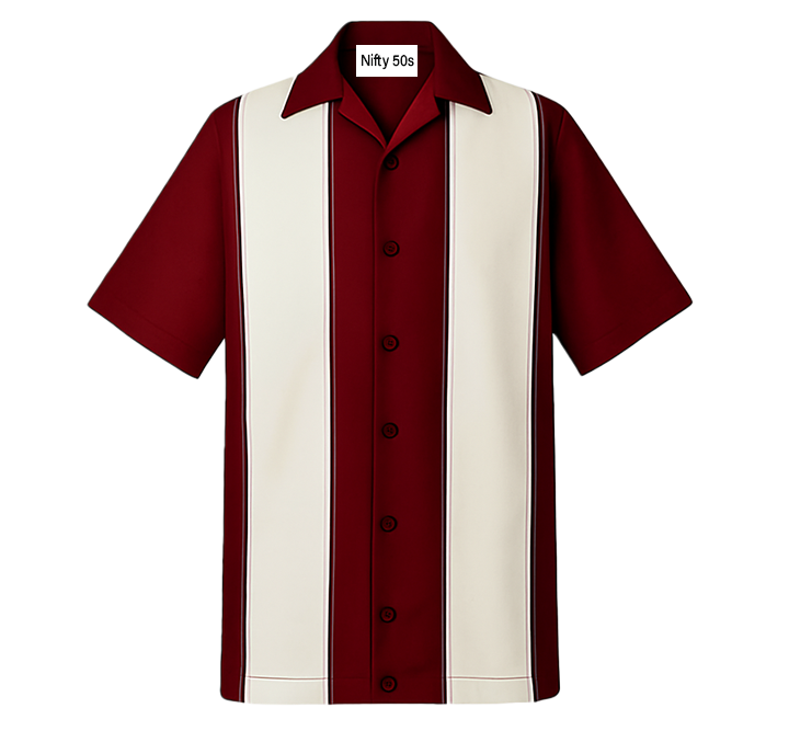 Burgundy and cream striped shirt with a collar on a white background