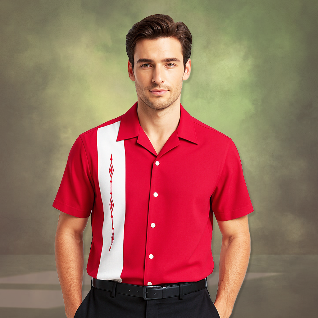 Man wearing a red retro bowling shirt with a white vertical stripe against a green background