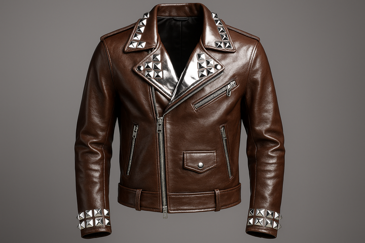 brown-leather-jacket-with-nickel-studs Front View